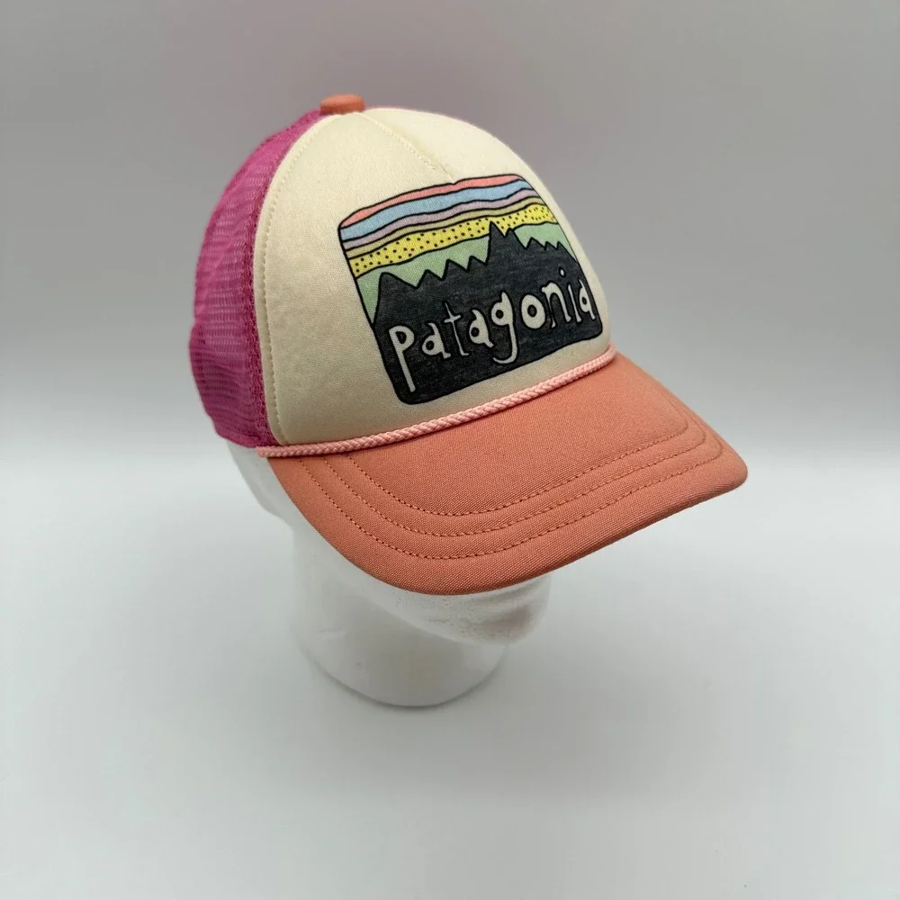 Patagonia Pink Fitz Roy Mountain & Sky Logo Trucker Mesh Hat Snapback youth
